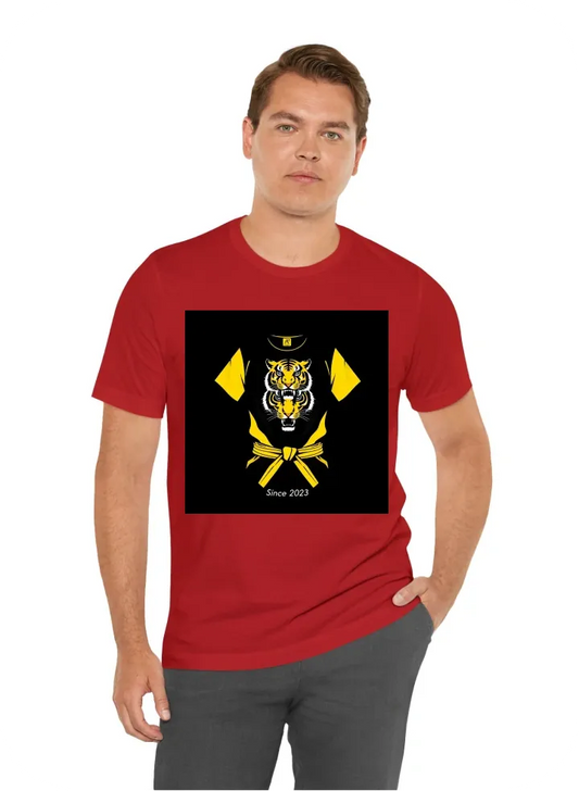 Design a black and yellow t-shirt for the Atak Sports Club Kick Boxing team, let it be a simple design that looks like a martial arts uniform add black belt figure Write a quote about kickboxing u    The quote “Strength, Discipline, Victory” subtly placed