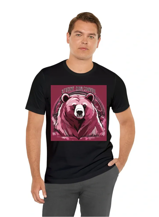 A bear in the colors maroon black white and pink and it should say student council