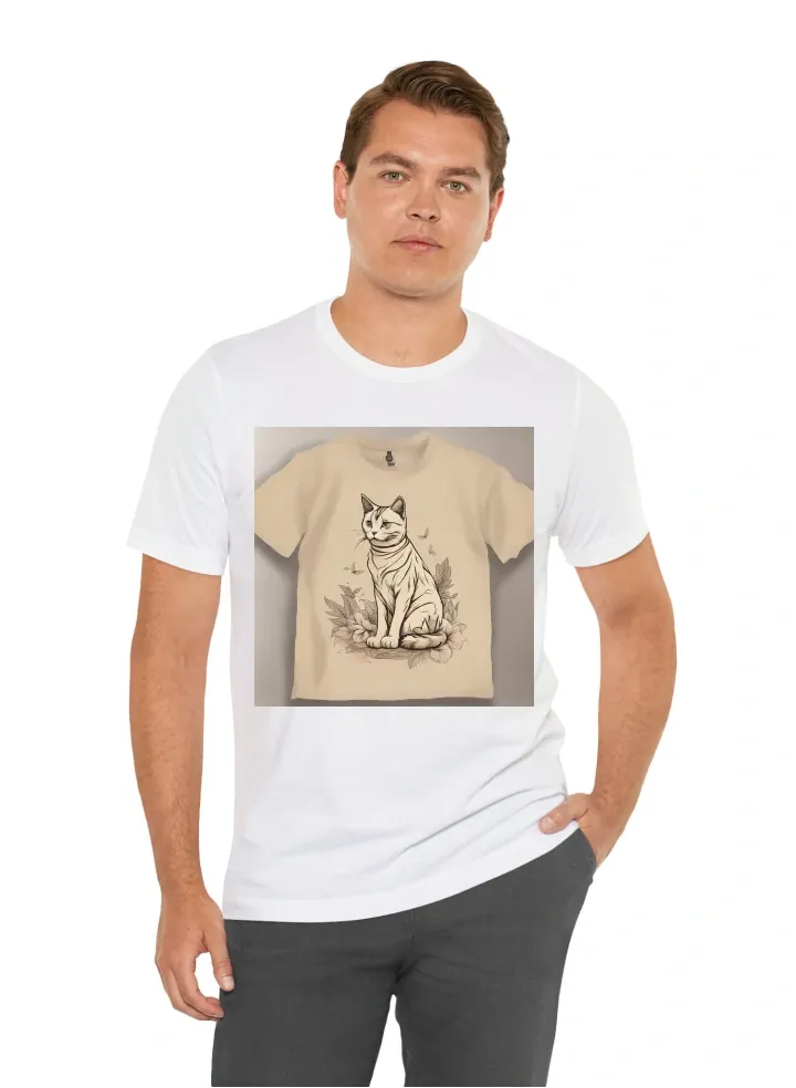 Buat design kaos warna cream (#FDE8D5) dengan siluet transparan anjing dan kucing yang lucu