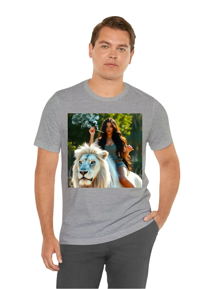 I want a sexy latina woman with long black silky hair wearing casual clothing smoking a joint riding a  white lion with blue eyes in the sun light with “blue garden” written on the lion