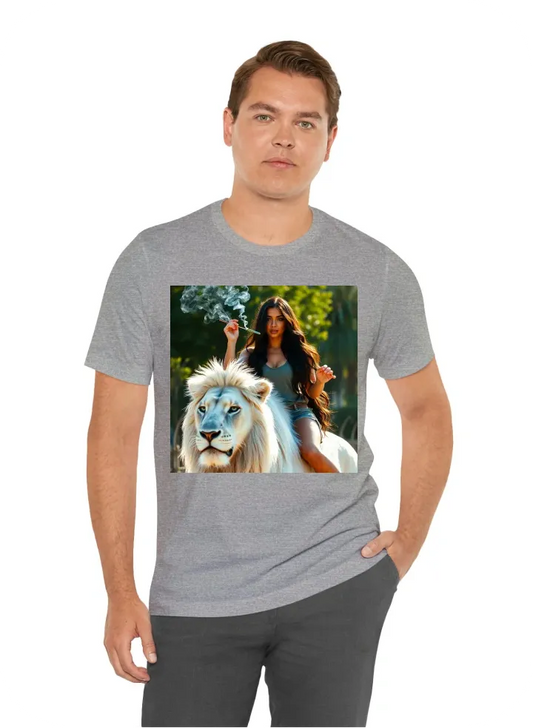 I want a sexy latina woman with long black silky hair wearing casual clothing smoking a joint riding a  white lion with blue eyes in the sun light with “blue garden” written on the lion