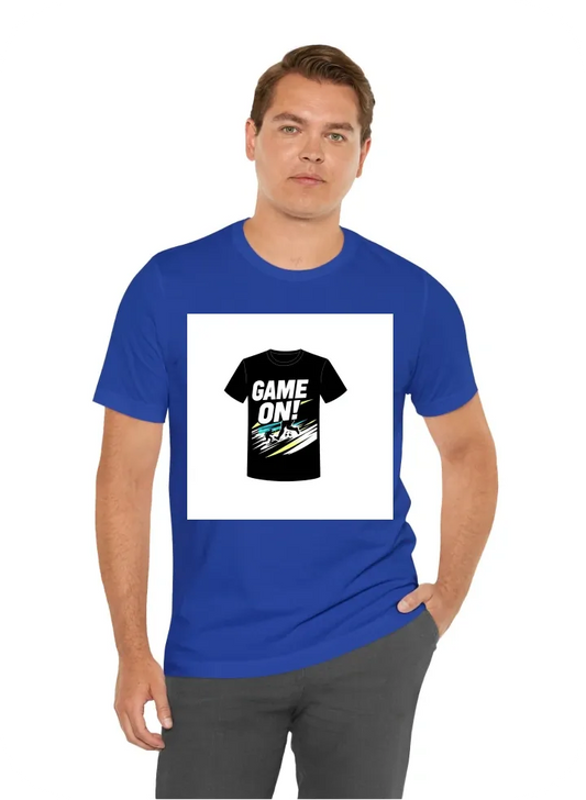 T-Shirt Design Idea: “Game On” Graphic Tee  Front Design:  	•	Slogan: “Game On!” in bold, dynamic typography that conveys energy and excitement. 	•	Graphic: Incorporate a stylized silhouette of a soccer player in mid-kick or dribbling a ball, possibly wit