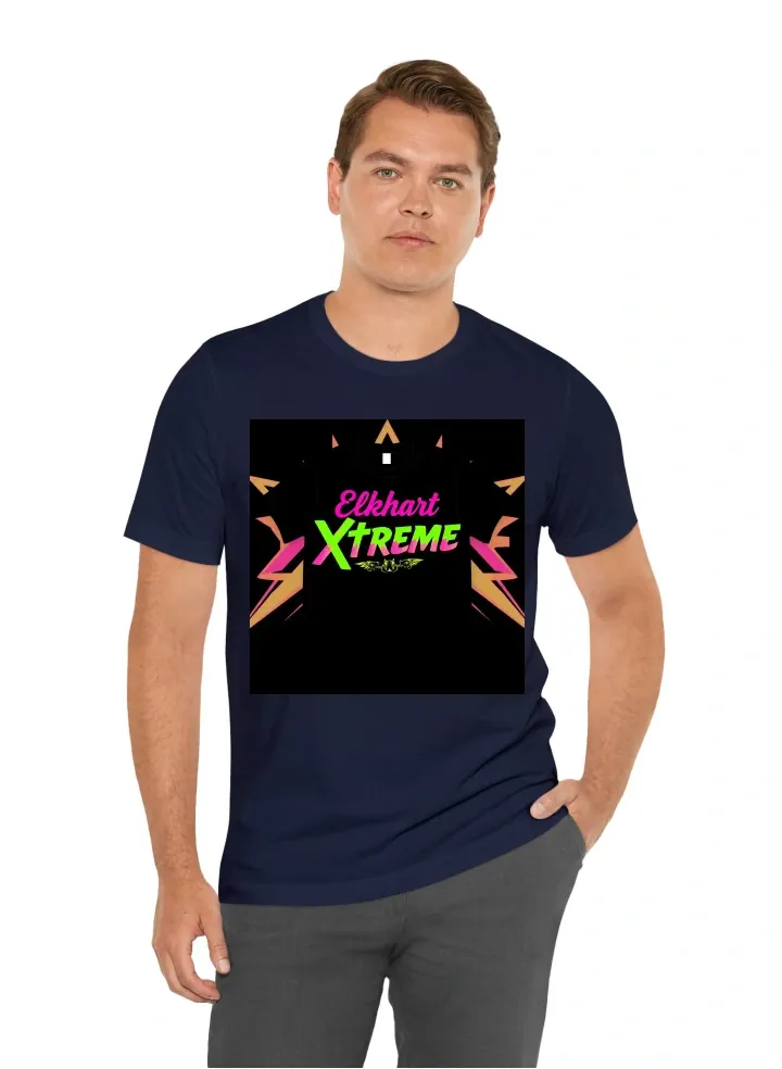 I want a t-shirt for my cheerleading team, Elkhart Xtreme. I want the name displayed in large font with a design in the background. I like bright colors like hot pink, neon green, and bright purple