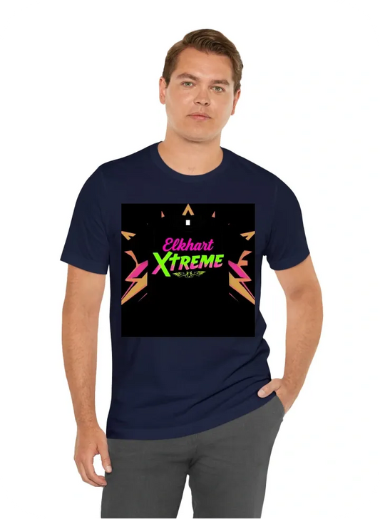 I want a t-shirt for my cheerleading team, Elkhart Xtreme. I want the name displayed in large font with a design in the background. I like bright colors like hot pink, neon green, and bright purple