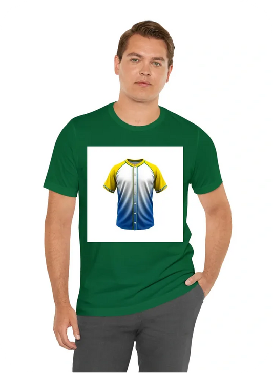 Generate a Blue ,yellow and white baseball shirt