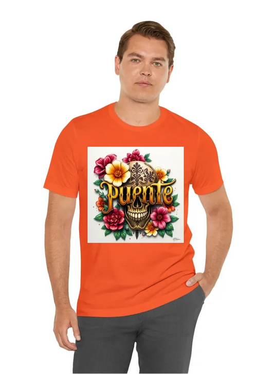 . Word puente mexican font with skull, flowers ,