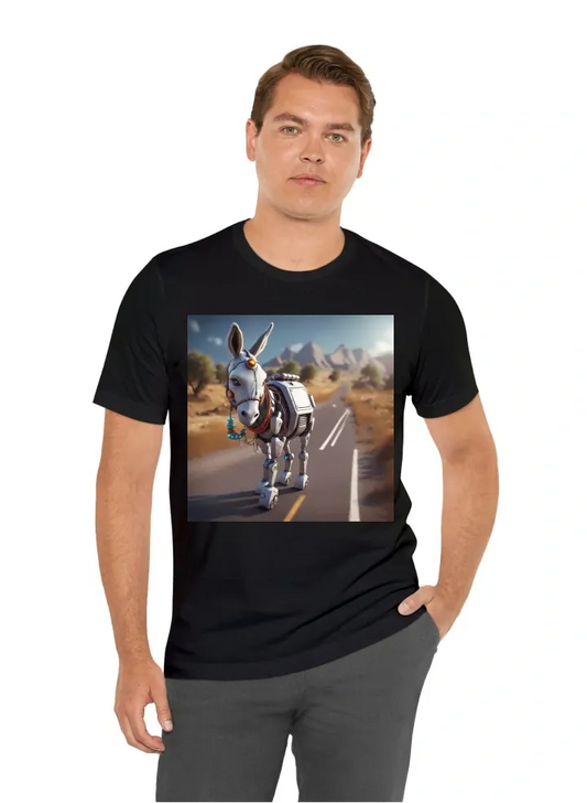 Robotic donkey on rural road with bright necklace