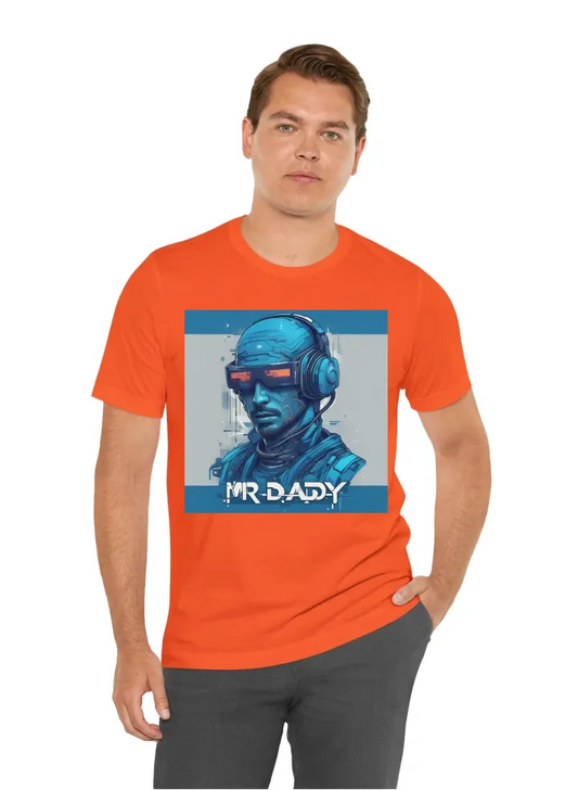 I want T-Shirt with: a blue t-shirt with a nice futuristic cyberpunk text mr daddy