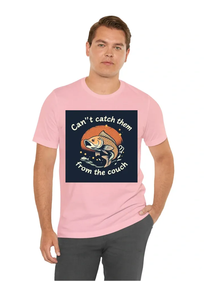 I want a t-shirt with a japanese style design with a catfish and the text Can't catch them from the couch.