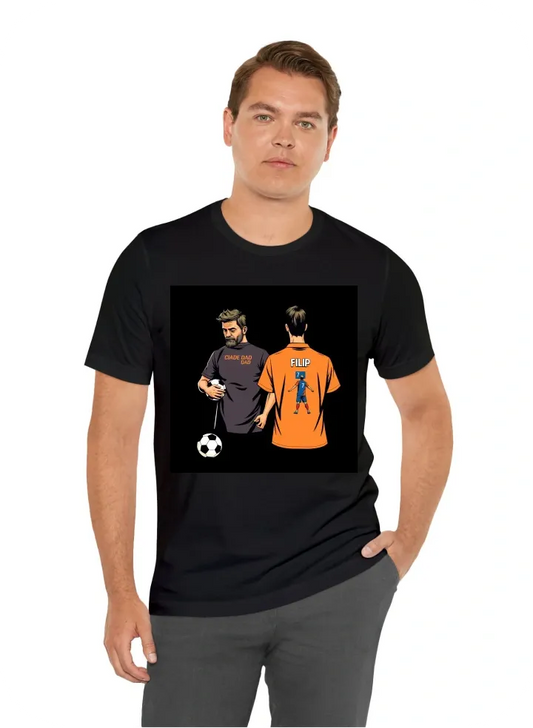 Create a T-shirt design, the soccer player's dad on the front and the ball, and on the back the text "He's not just my favorite soccer player, he's my son!" Next to it there is a graphic of Football and inside there is a figure of a football player with t