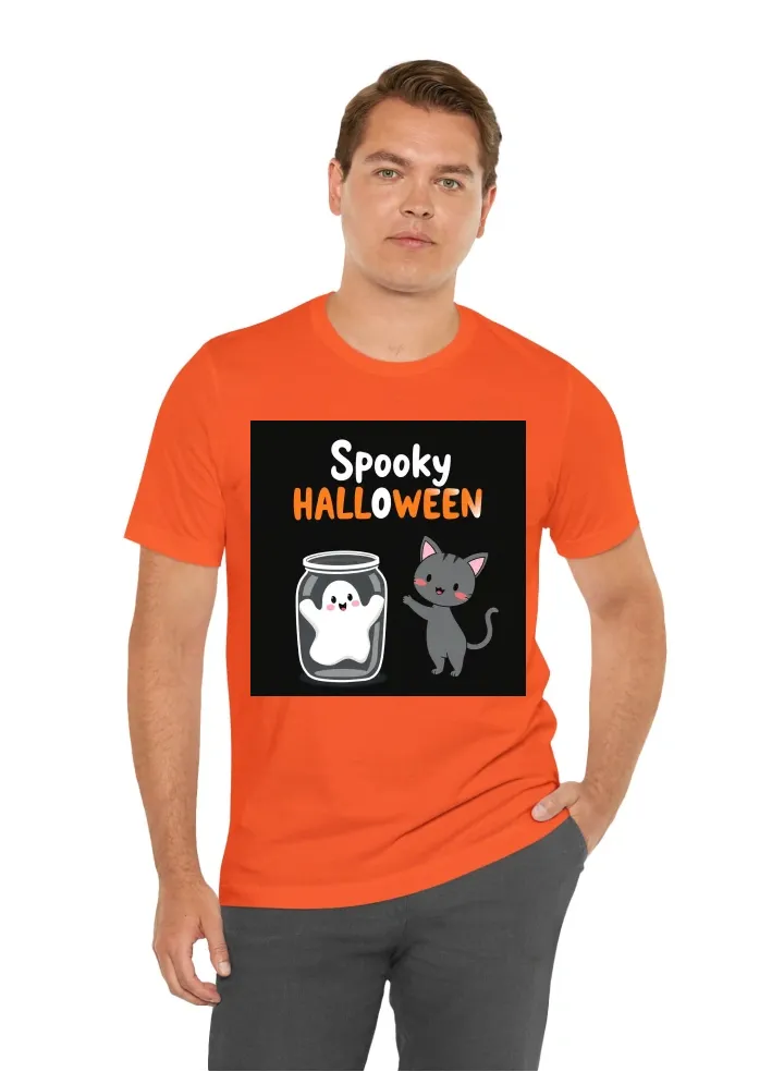 A cartoon-style image with a Halloween theme. The layout includes a black background with the text "Spooky HALLOWEEN" at the top in bold, orange and white letters with a playful, spooky font. Below the text, there is a cute illustration of a small, white