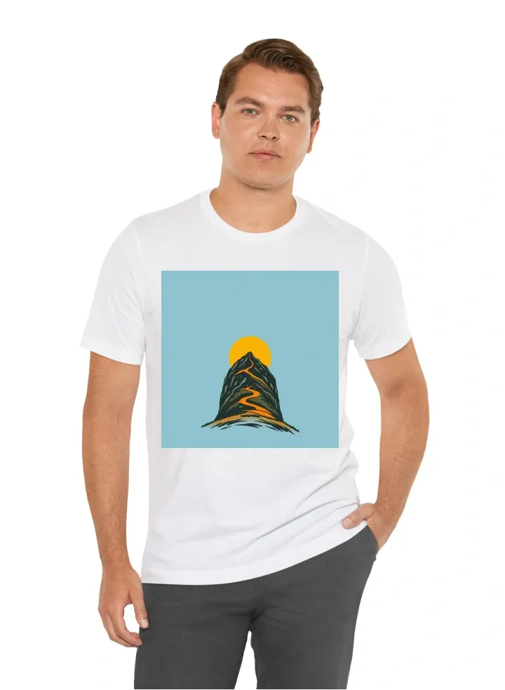 Make a t shirt designed of minblowing hill and sun in the back