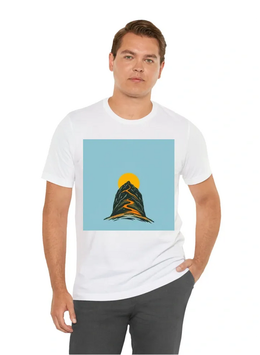 Make a t shirt designed of minblowing hill and sun in the back