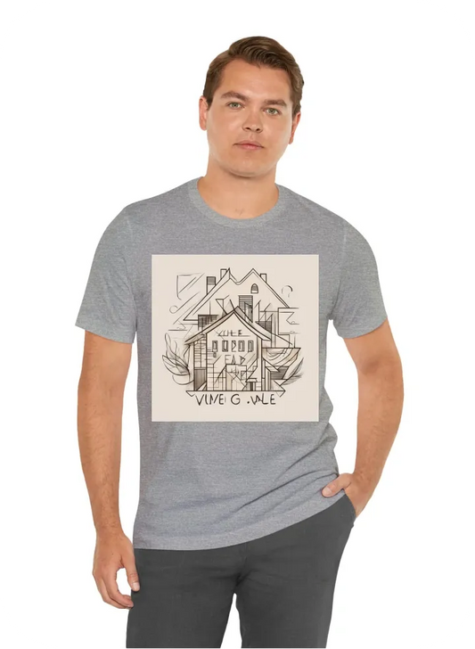 Words "we are the village", simple house design, geometrical shapes and lines, unisex, adoption symbol