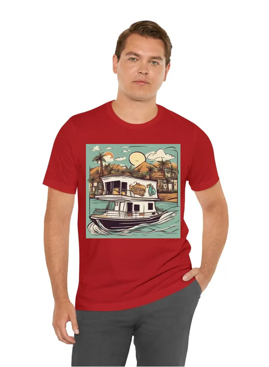 I want a tshirt that says "Cruisin into 70 with Julie" and a picture of a houseboat cartoon style