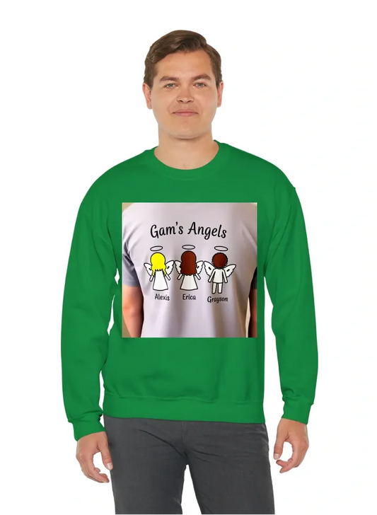 I want a shirt with three stick figure angels facing forward on the back of the shirt. One angel is a girl with blonde hair the name Alexis underneath. The next angel is a girl with dark brown hair with the name Erica underneath. Last one is a boy angel w