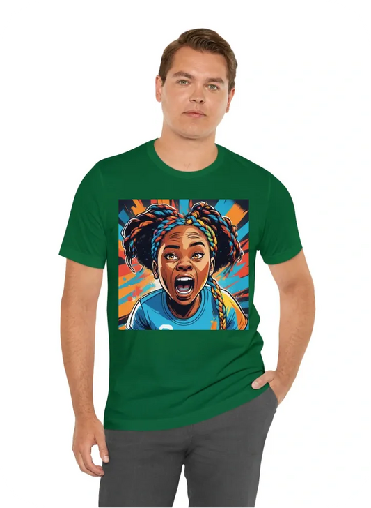 T-shirt design, front shot of a young beautiful black female football fan in a blue top with colorful braids, her face contorted in rage and her mouth open in a furious yell. Her detailed expression is captured with vibrant colors and bold outlines, empha