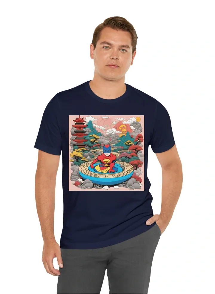 Superhero in a Zen Garden: Iconic superhero symbols juxtaposed with tranquil Japanese Zen garden elements.