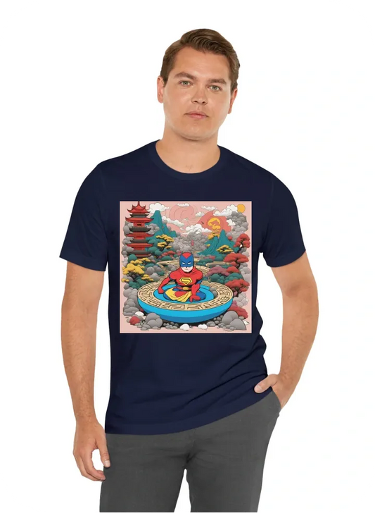 Superhero in a Zen Garden: Iconic superhero symbols juxtaposed with tranquil Japanese Zen garden elements.