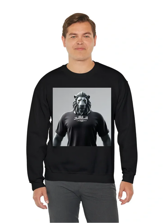 Include FAIMUZ in arabic caligraphy with a majestic lion on tshirt small logo in middle of chest