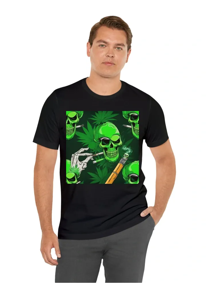 Green skull smoking cannabis joint with interesting background