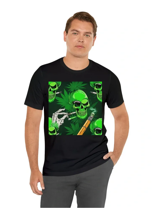 Green skull smoking cannabis joint with interesting background