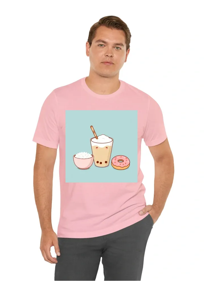 Boba tea, bowl of rice, donut in a line in a cute cartoon style minimalist