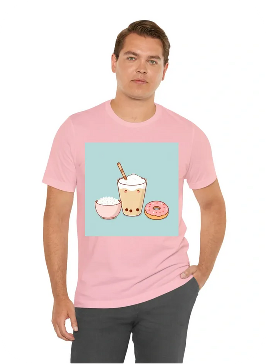 Boba tea, bowl of rice, donut in a line in a cute cartoon style minimalist