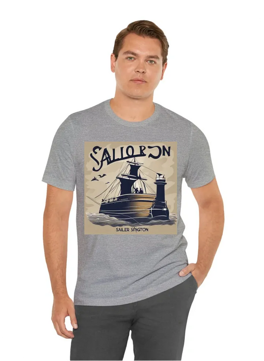 Ship with a silhouette sailor saluting on the ship with the word SAILOR SINGLETON