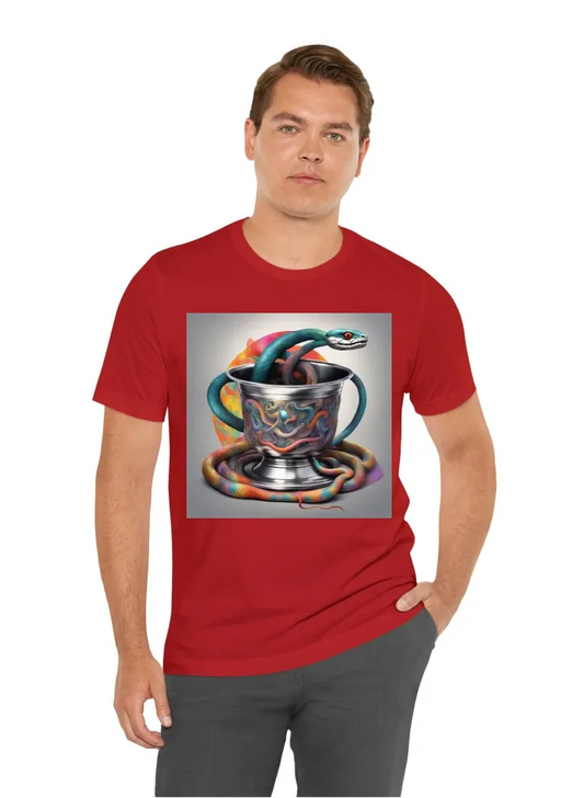 Snake wrapped around a silver cup, with psychedelic elements around it