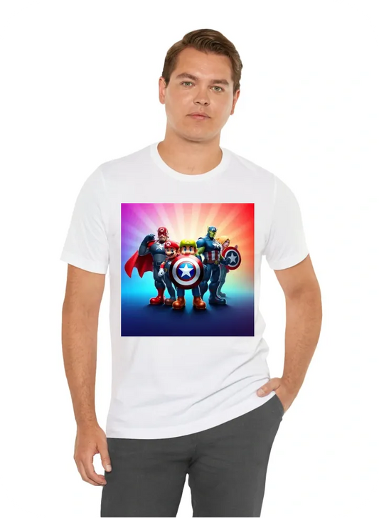 Make a vector design for print, Marvel's Avengers team in classic Mario game style Pixar, Disney, concept art, 3d digital art, Maya 3D, ZBrush Central 3D shading, bright colored background, radial gradient background, cinematic, Reimagined by industrial l