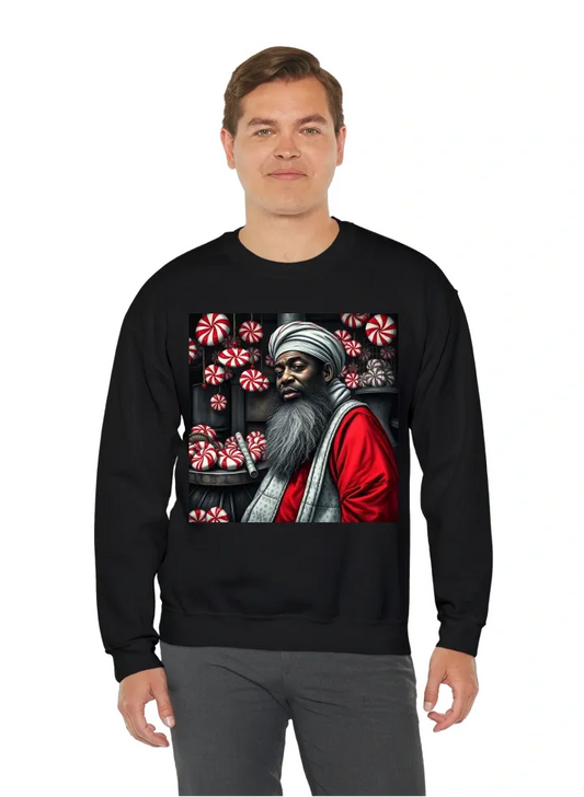 Peppermint factory in black, white, and red with chubby african muslim peppermint man