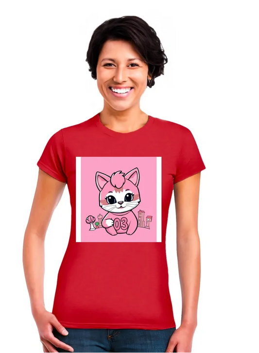 I want a t shirt brand name BABé TOWN pink color have cat face as a mascot on a chess. on the shirt have number 03