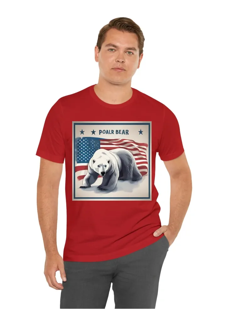 Polar bear with an American flag behind it