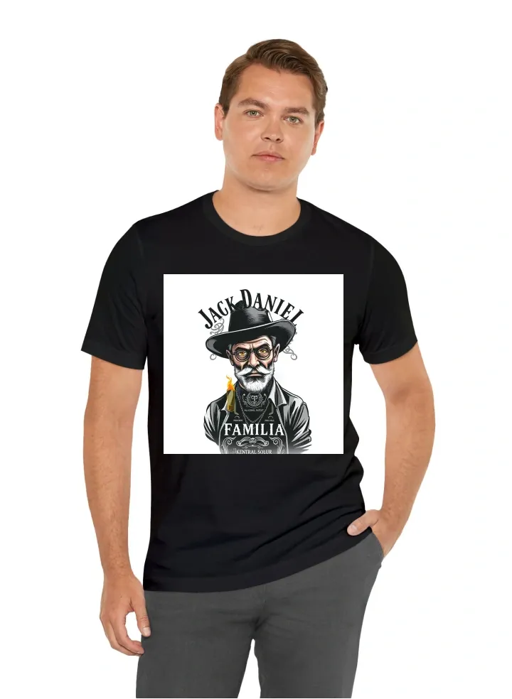 Make a t shirt design with a name "PG FAMILIA" with a design of jack daniel alcohol clothing