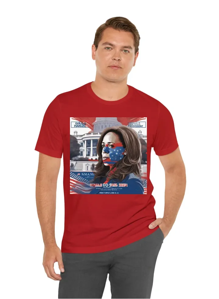 Kamala Harris on top with red white and blue banner under her. She is pictured in front of  White house. Under this picutes at the bottom Howard University logo and then in all capital letters "Bison for President 2024."  No pictures of Bisons