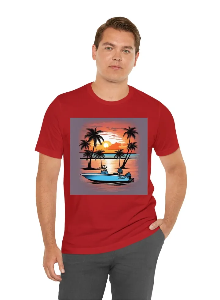 Center console boat t shirt with palm trees sunset