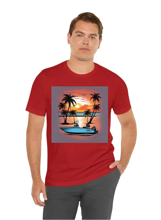 Center console boat t shirt with palm trees sunset