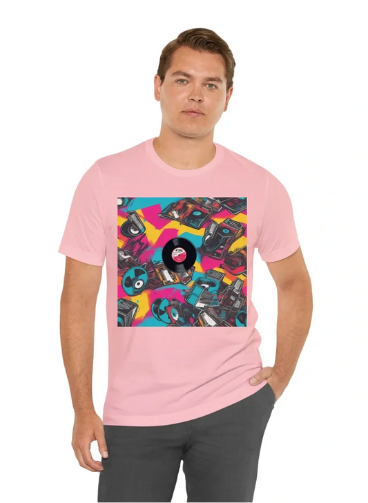 4TR ON THE LEFT SIDE AND A VINYL RECORD IN THE MIDDLE OF THE SHIRT WITH BRIGHT COLORING