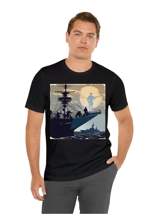 Battle ship with a silhouette sailor saluting on the ship