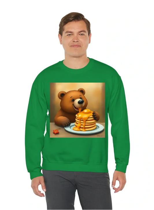 Bear with maple syrup and pancakes