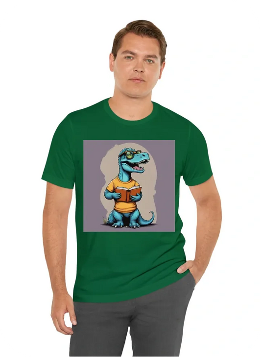 I wan't a t-shirt with a nerdy dinosaur wearing glasses holding a book