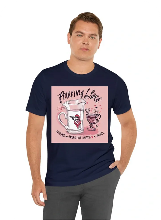 Front of the shirt: [Image of hands pouring love and support from a heart-shaped pitcher into a glass] Text: "Pouring Love, Pouring Support: Cheers to Cancer Awareness"  Back of the shirt: [Image of a ribbon symbolizing cancer awareness with the words "St