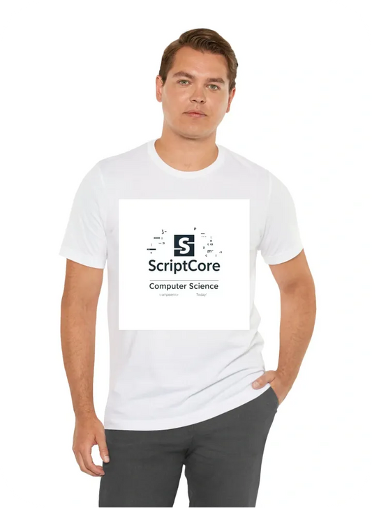 Create a modern t-shirt design featuring the ScriptCore Computer Science logo. The logo should be prominently placed in the center, with the slogan 'Empowering Tomorrow's Coders Today' underneath in a sleek, tech-inspired font. Use subtle coding elements