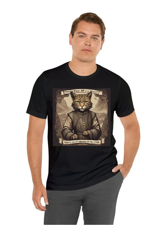 A shirt with a picture of a tabaxi cleric saying "Though I walk through the valley of litter, I shall fear no turds!"