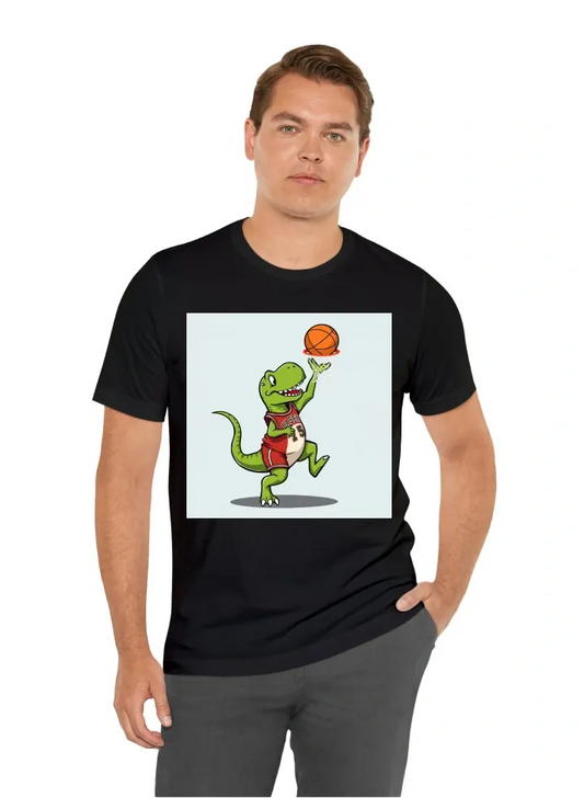 In the style of a cartoon, A dinosaur shooting hoops in a basketball jersey