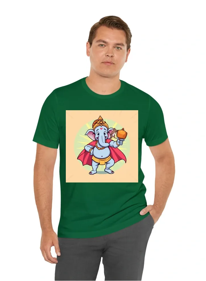 : "Design a cartoon-style Lord Ganesh in a superhero pose, standing confidently with a big smile. He is holding a large modak like a trophy in one hand while his mouse friend is perched on his shoulder, also striking a heroic pose. The circular background