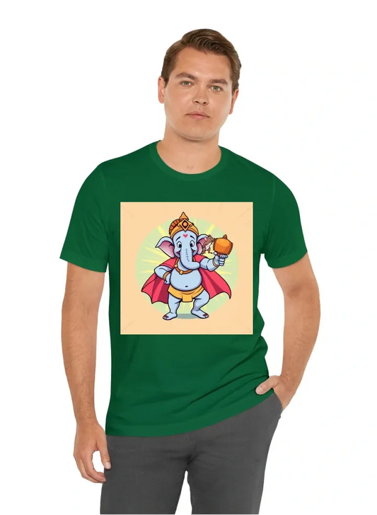 : "Design a cartoon-style Lord Ganesh in a superhero pose, standing confidently with a big smile. He is holding a large modak like a trophy in one hand while his mouse friend is perched on his shoulder, also striking a heroic pose. The circular background