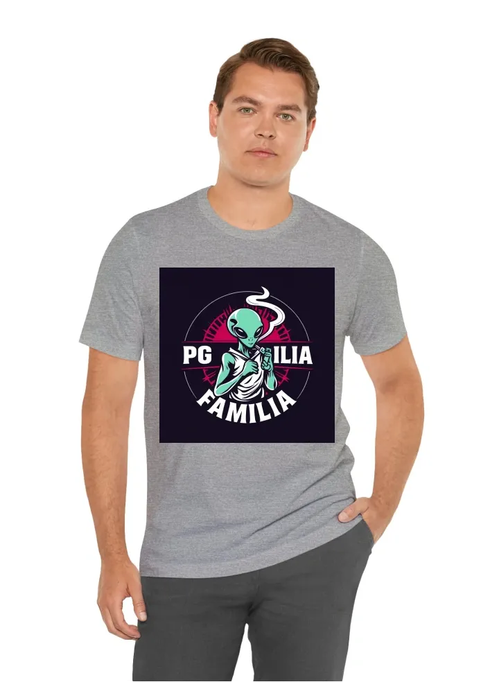 Make a t shirt design a name of "PG FAMILIA" with a big logo with a alien vaping clothing