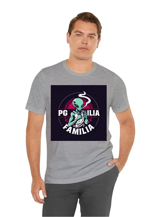 Make a t shirt design a name of "PG FAMILIA" with a big logo with a alien vaping clothing